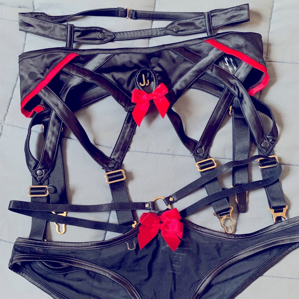 NWOT Honey Birdette suspenders and cheeky panty S